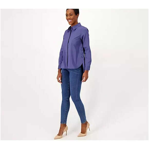 Denim & Co. Stone Khaki Coolmax Curved Hem Shirt with Button Detail Size M - Picture 3 of 6